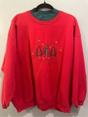 Endless Designs Vintage Embroidered Holiday Christmas Trees Sweatshirt Red 3X